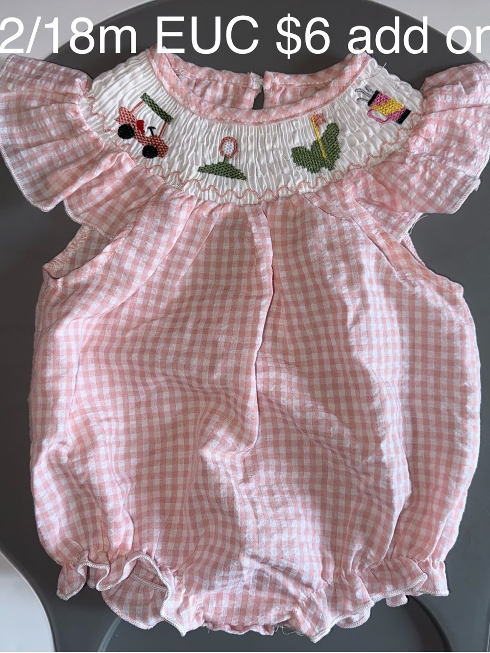 Pink Gingham Smocked Baby Romper with Golf Embroidery
